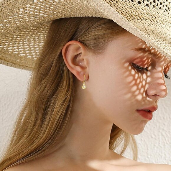 Gold Shell Pearl Dangle Small Hoop Earrings for Women and Teens - Sterling Silve - Picture 6 of 6